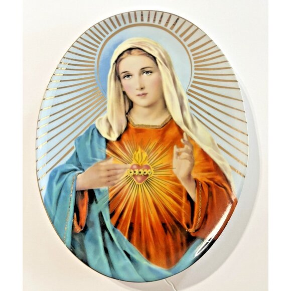 Sacred Heart of Mary Oval Decorative Plate Gold Trim Tray 6.5" x 8.5" Vintage - Picture 1 of 7